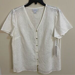 NWT Liz Claiborne White Floral Eyelet Blouse Women’s Size S